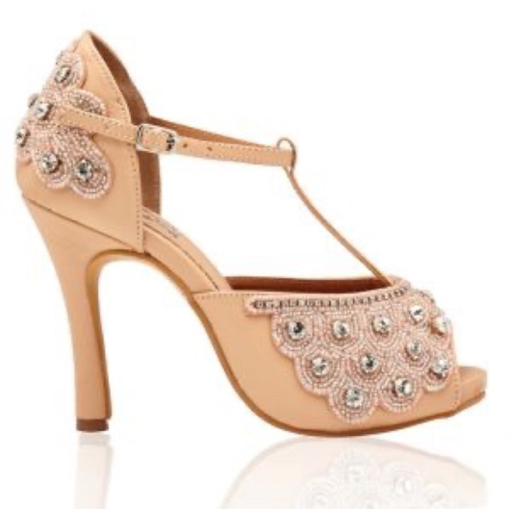 Gatsbylady Vintage Inspired T-Strap Nude Heels